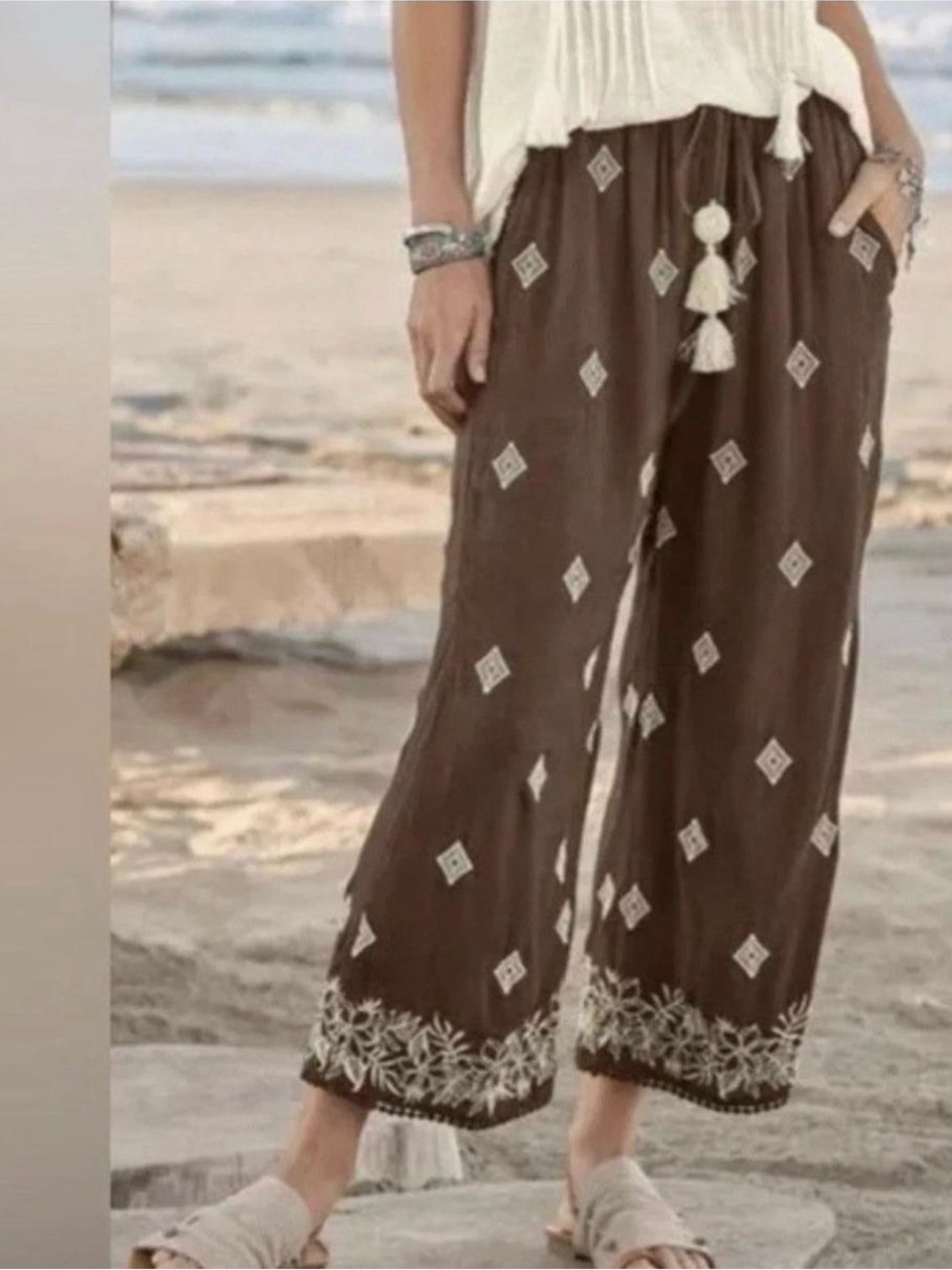Sundance Le Meridien Bohemian Beachy Embroidered Cropped Pants Petite XL